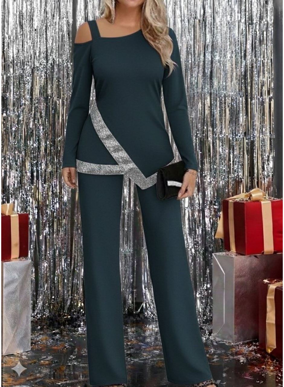 Kadın Tek Omuzdan Açık Uzun Kollu önü Pulpayet Ithal Krep Bluz Ve Pantolon