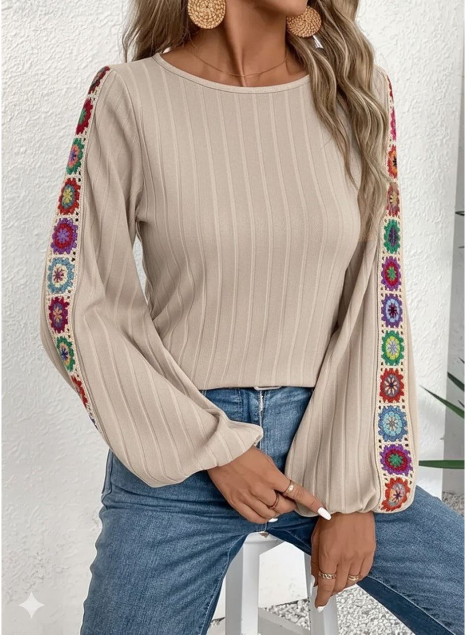 Kadın Uzun Kollu Kayık Yaka şardonlu Kaşkorse Bej Bluz