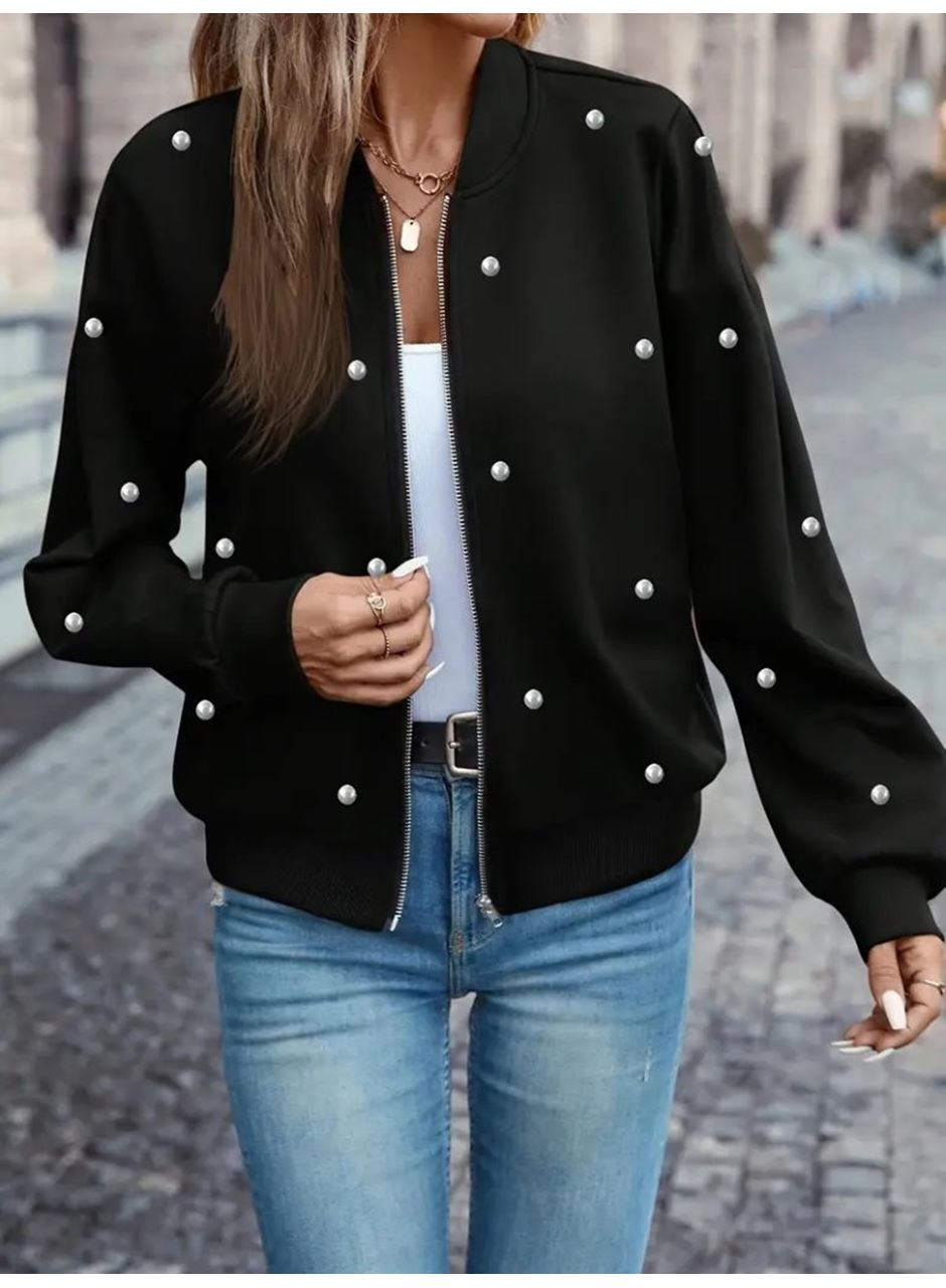 Kadın Uzun Kollu önden Fermuarlı Incili Kısa Modal Ceket