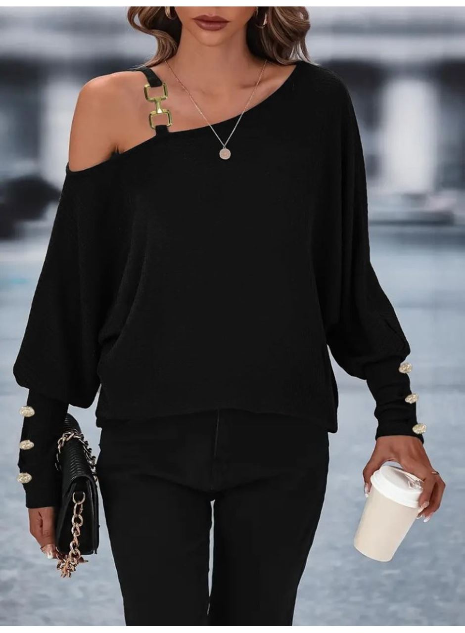 Kadın Uzun Kollu Tek Omuzdan Açık Askı Detaylı Waffle Bluz