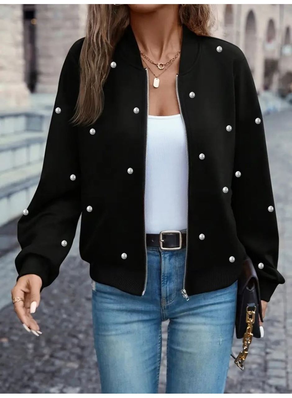 Kadın Uzun Kollu önden Fermuarlı Incili Kısa Modal Ceket