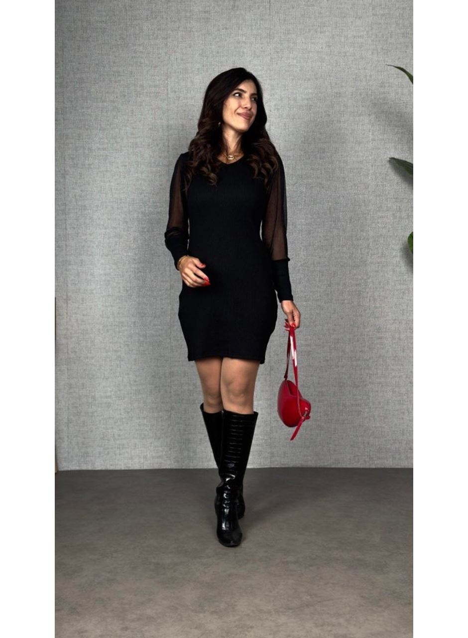 Kadın Uzun Kollu V Yakalı Tül Detaylı Mini Kaşkorse Elbise