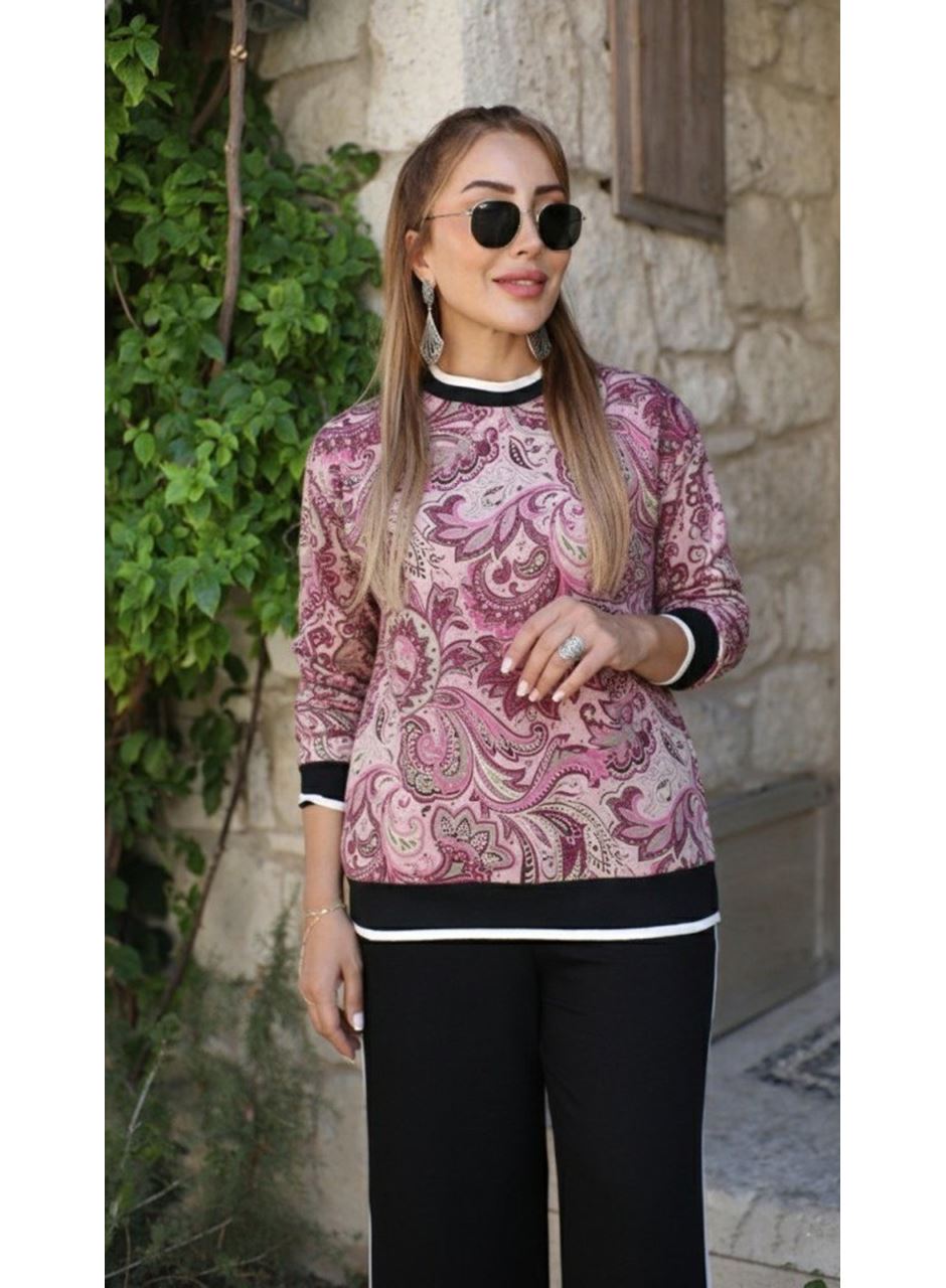 Kadın Uzun Kollu Bisiklet Yaka Desenli Iki Iplik Bluz Ve Viskon Iki Iplik Pantolon Ikili Takım