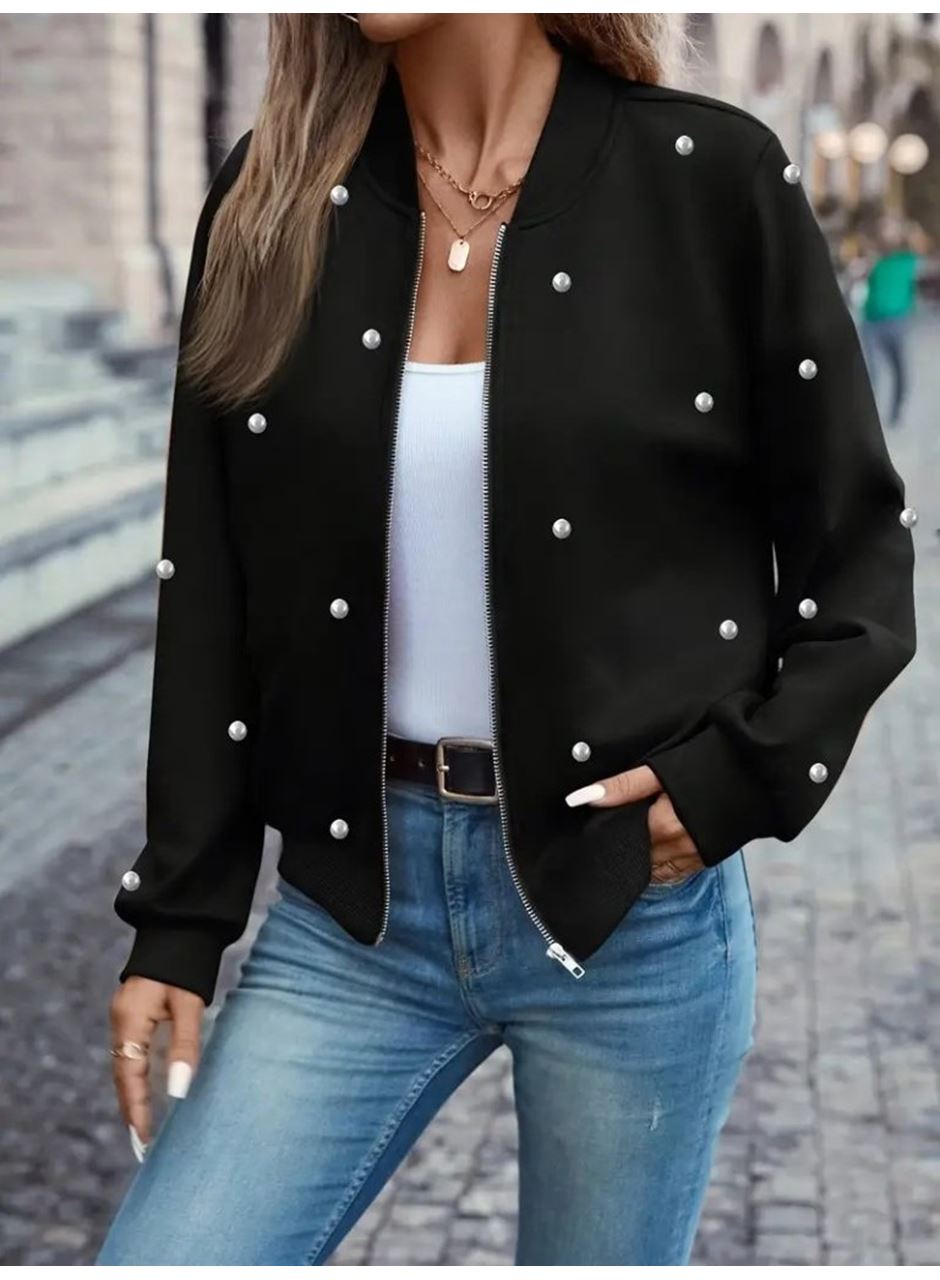 Kadın Uzun Kollu önden Fermuarlı Incili Kısa Modal Ceket