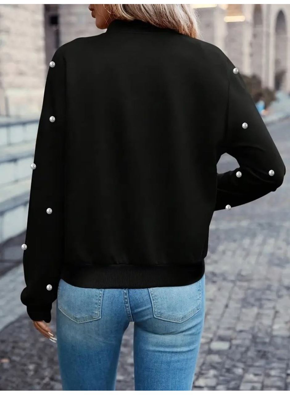 Kadın Uzun Kollu önden Fermuarlı Incili Kısa Modal Ceket