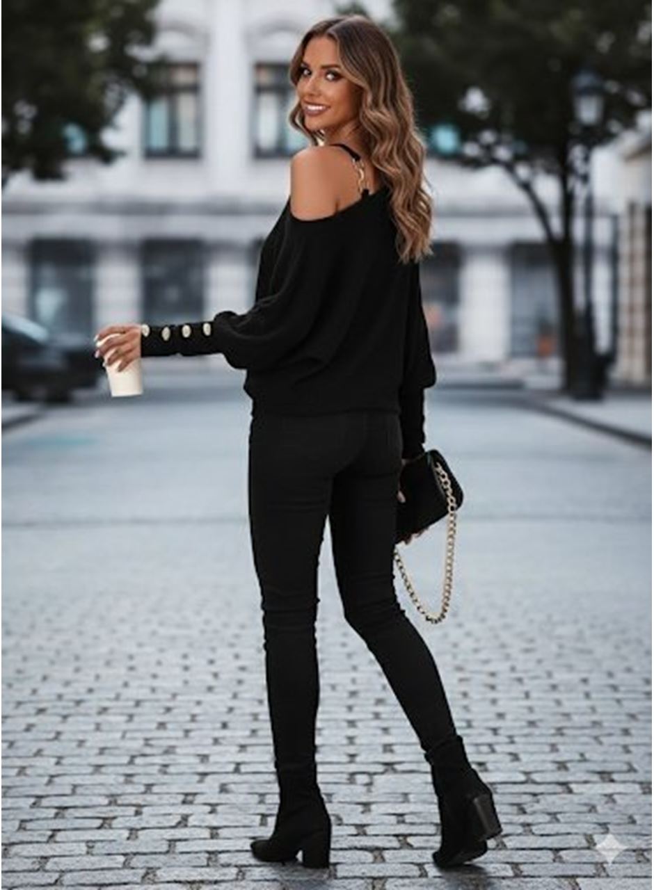 Kadın Uzun Kollu Tek Omuzdan Açık Askı Detaylı Waffle Bluz