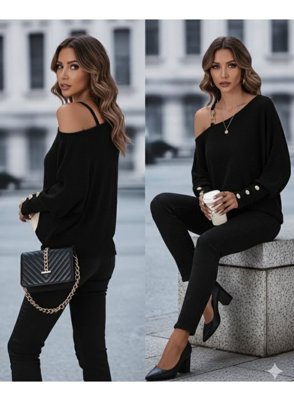 Kadın Uzun Kollu Tek Omuzdan Açık Askı Detaylı Waffle Bluz