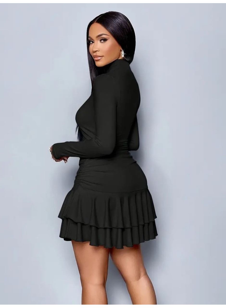 Kadın Uzun Kollu Balıkçı Yaka Mini Fırfırlı Sandy Elbise