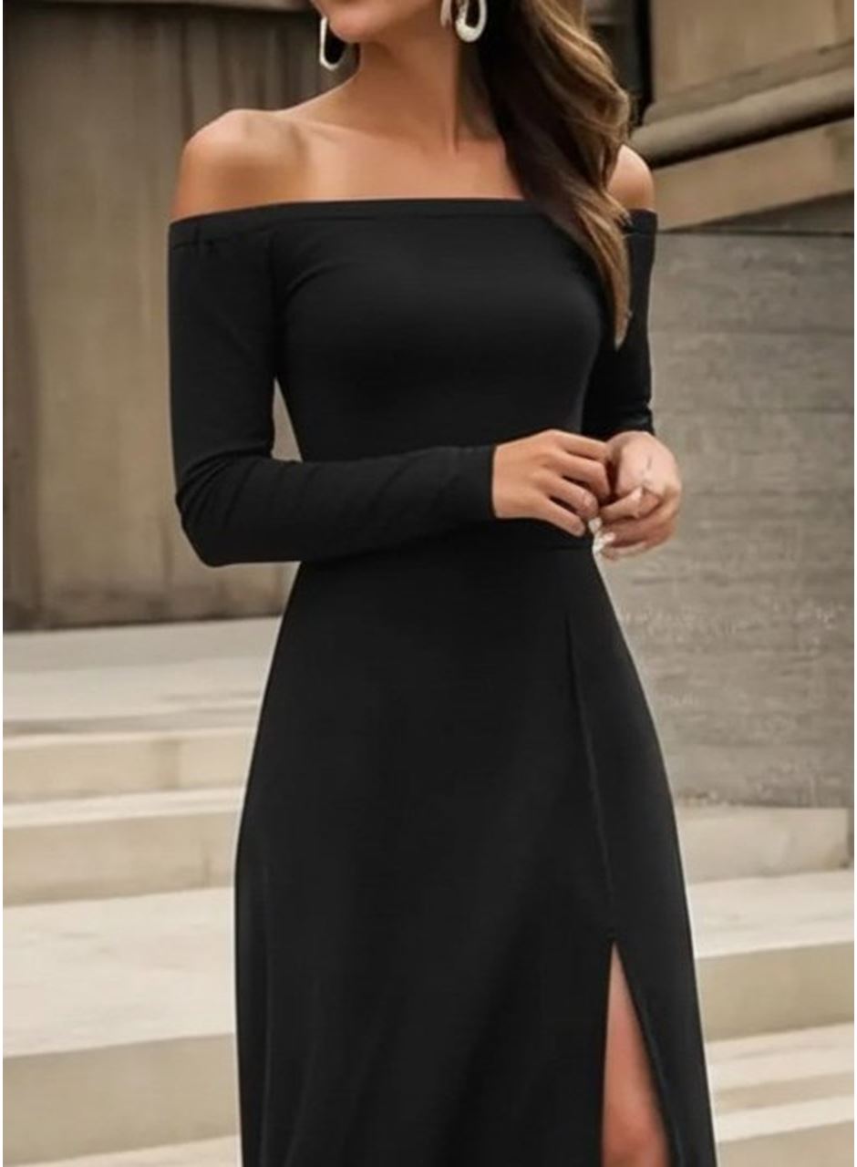 Kadın Uzun Kollu Madonna Yakalı Yırtmaç Detaylı Uzun Ithal Krep Elbise