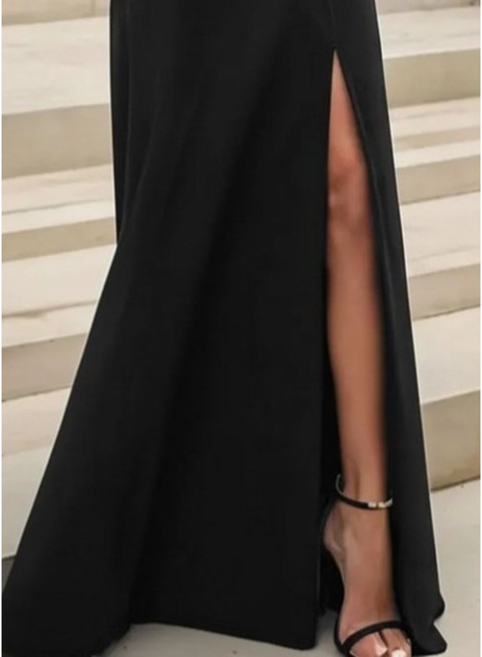 Kadın Uzun Kollu Madonna Yakalı Yırtmaç Detaylı Uzun Ithal Krep Elbise