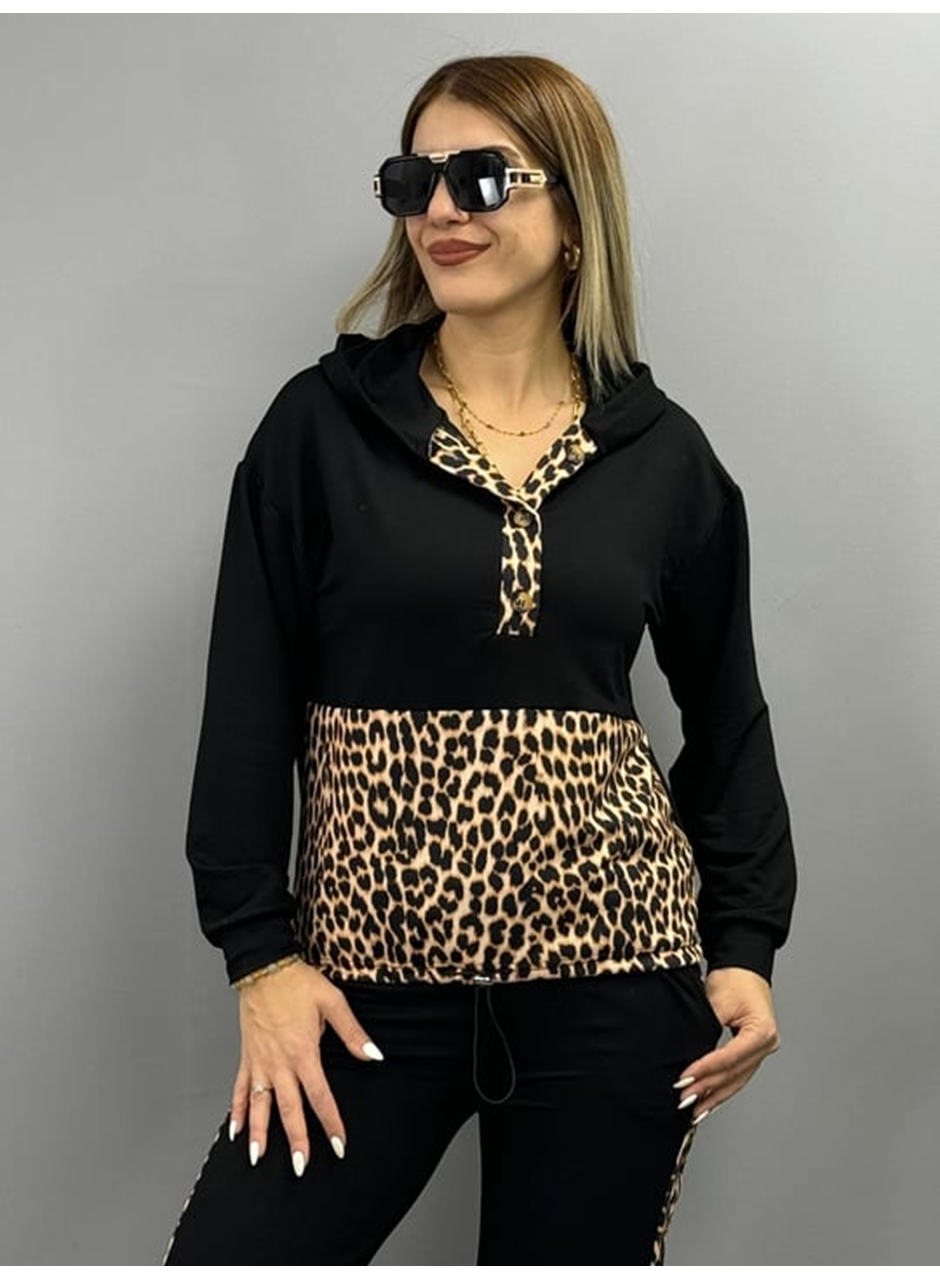 Kadın Uzun Kollu Leopar Detay Sweat Ve Yanı Leopar şerit Detay Pantolon Ikili Takım