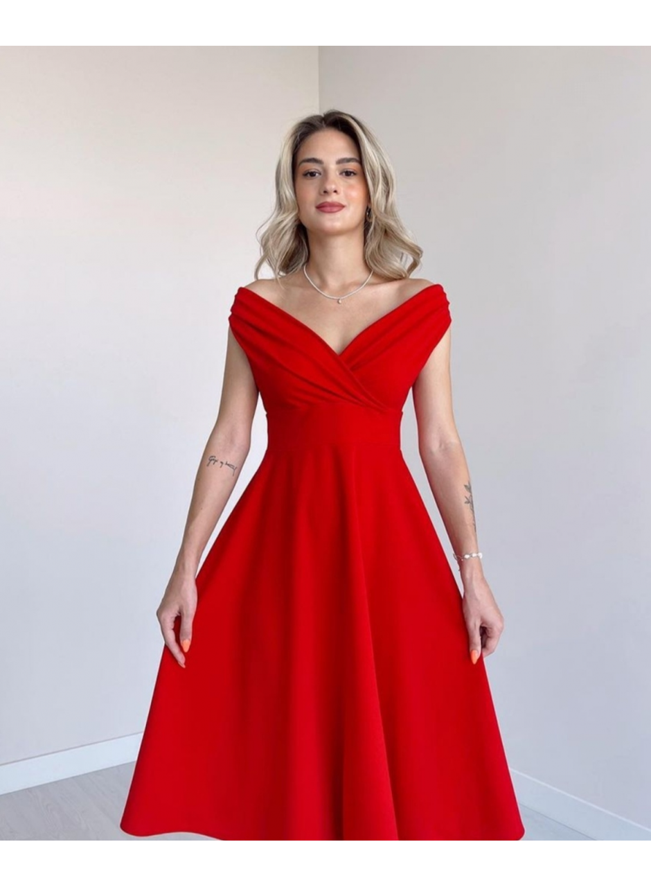 Kadın Kısa Kollu Kruvaze Yaka Eteği Volanlı Krep Elbise