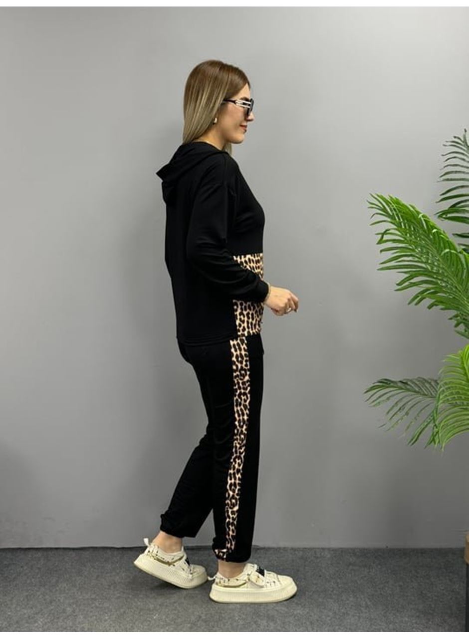 Kadın Uzun Kollu Leopar Detay Sweat Ve Yanı Leopar şerit Detay Pantolon Ikili Takım