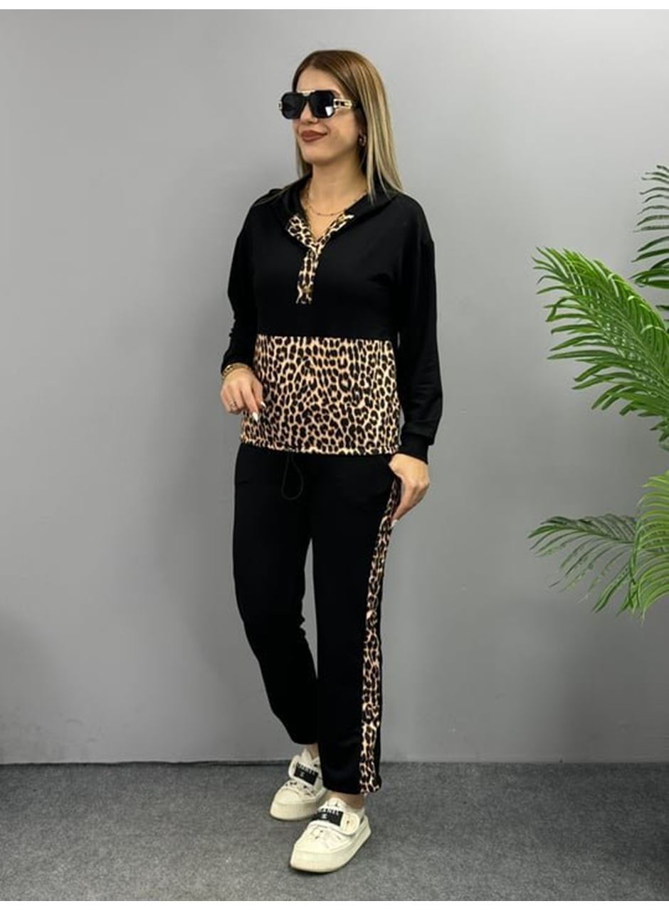 Kadın Uzun Kollu Leopar Detay Sweat Ve Yanı Leopar şerit Detay Pantolon Ikili Takım