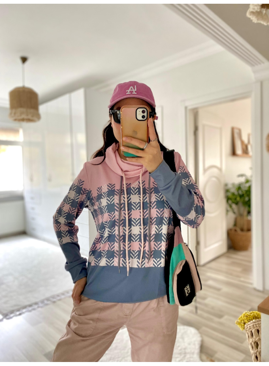 Kadın Uzun Kollu Balıkçı Yaka Bağcıklı Desenli şardonlu Dalgıç Bluz