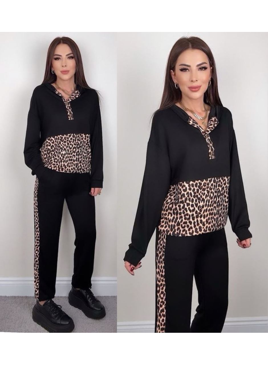 Kadın Uzun Kollu Leopar Detay Sweat Ve Yanı Leopar şerit Detay Pantolon Ikili Takım