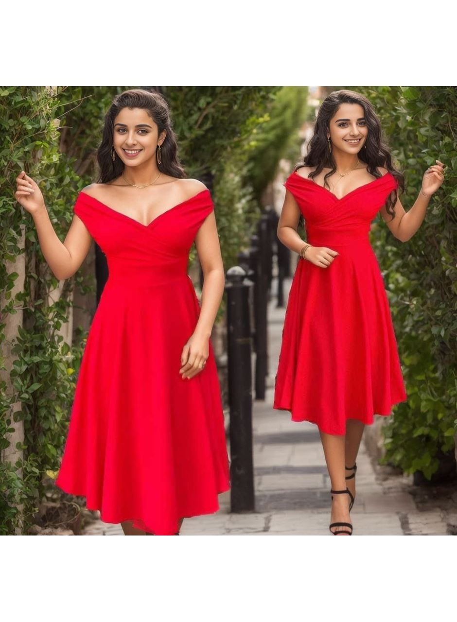 Kadın Kısa Kollu Kruvaze Yaka Eteği Volanlı Krep Elbise