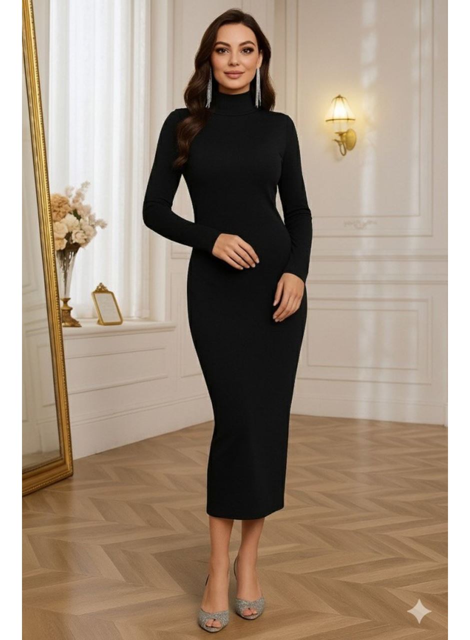 Kadın Uzun Kollu Boğazlı Midi Boy Triko Elbise (kemersiz)