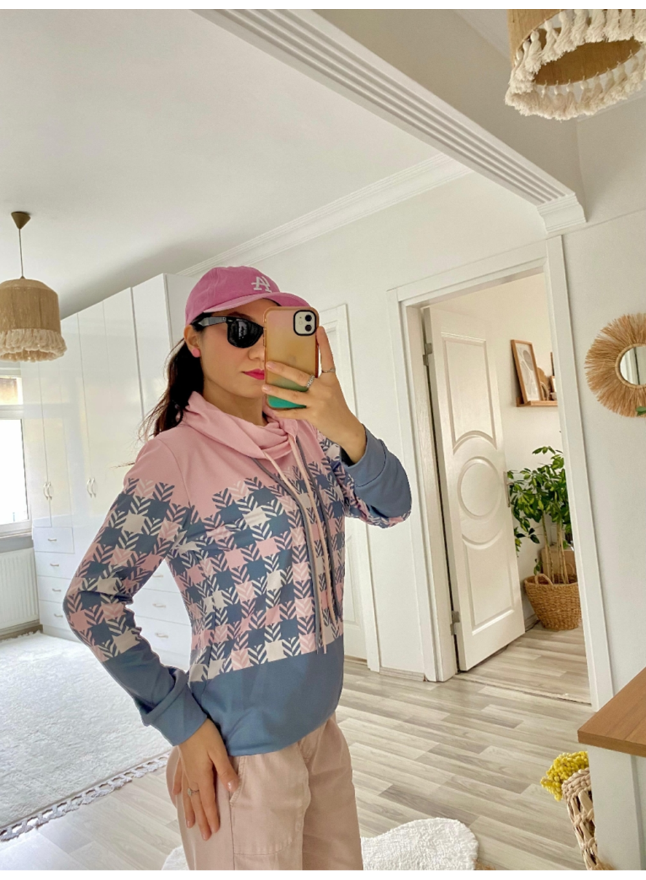 Kadın Uzun Kollu Balıkçı Yaka Bağcıklı Desenli şardonlu Dalgıç Bluz