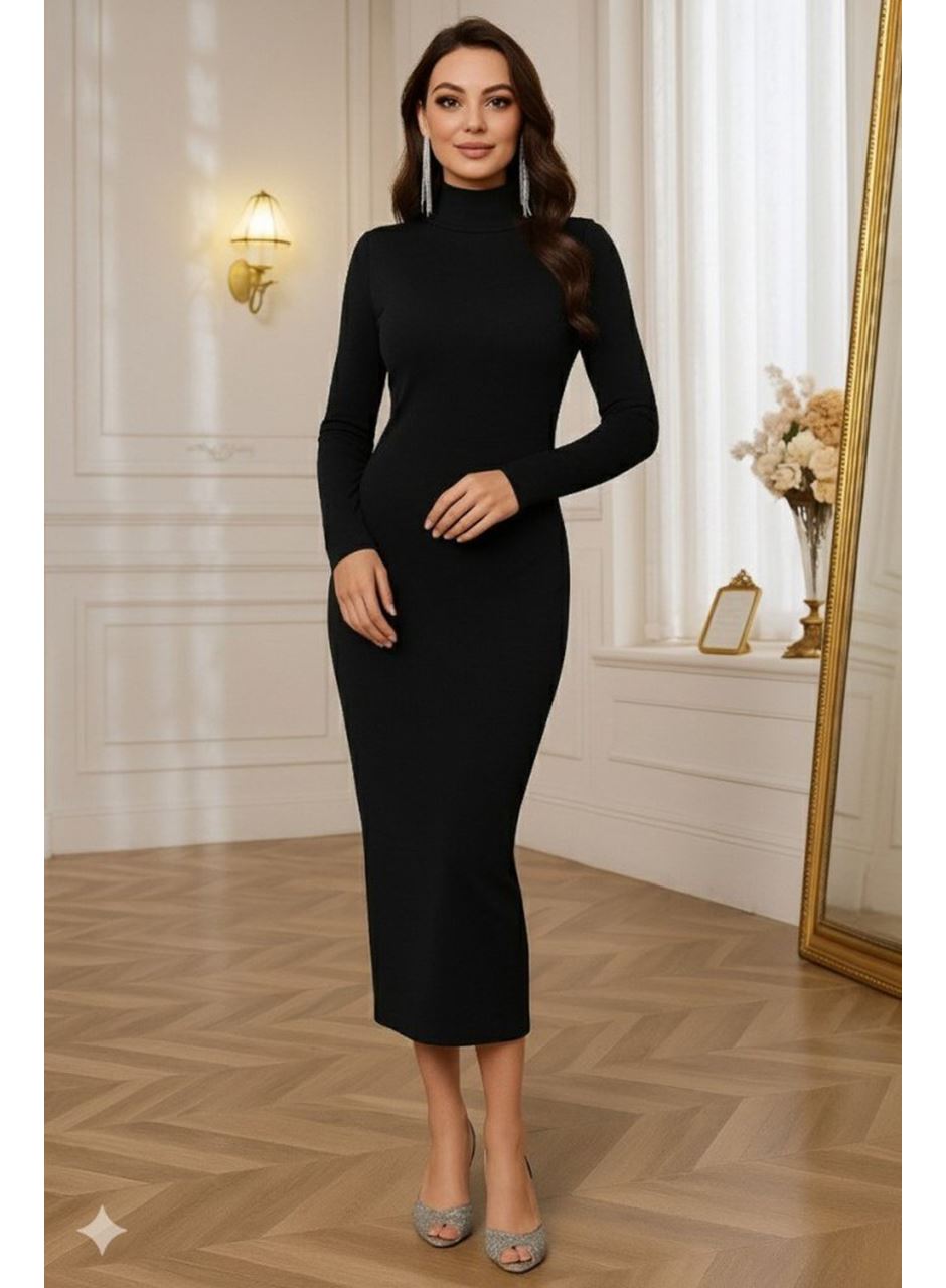 Kadın Uzun Kollu Boğazlı Midi Boy Triko Elbise (kemersiz)
