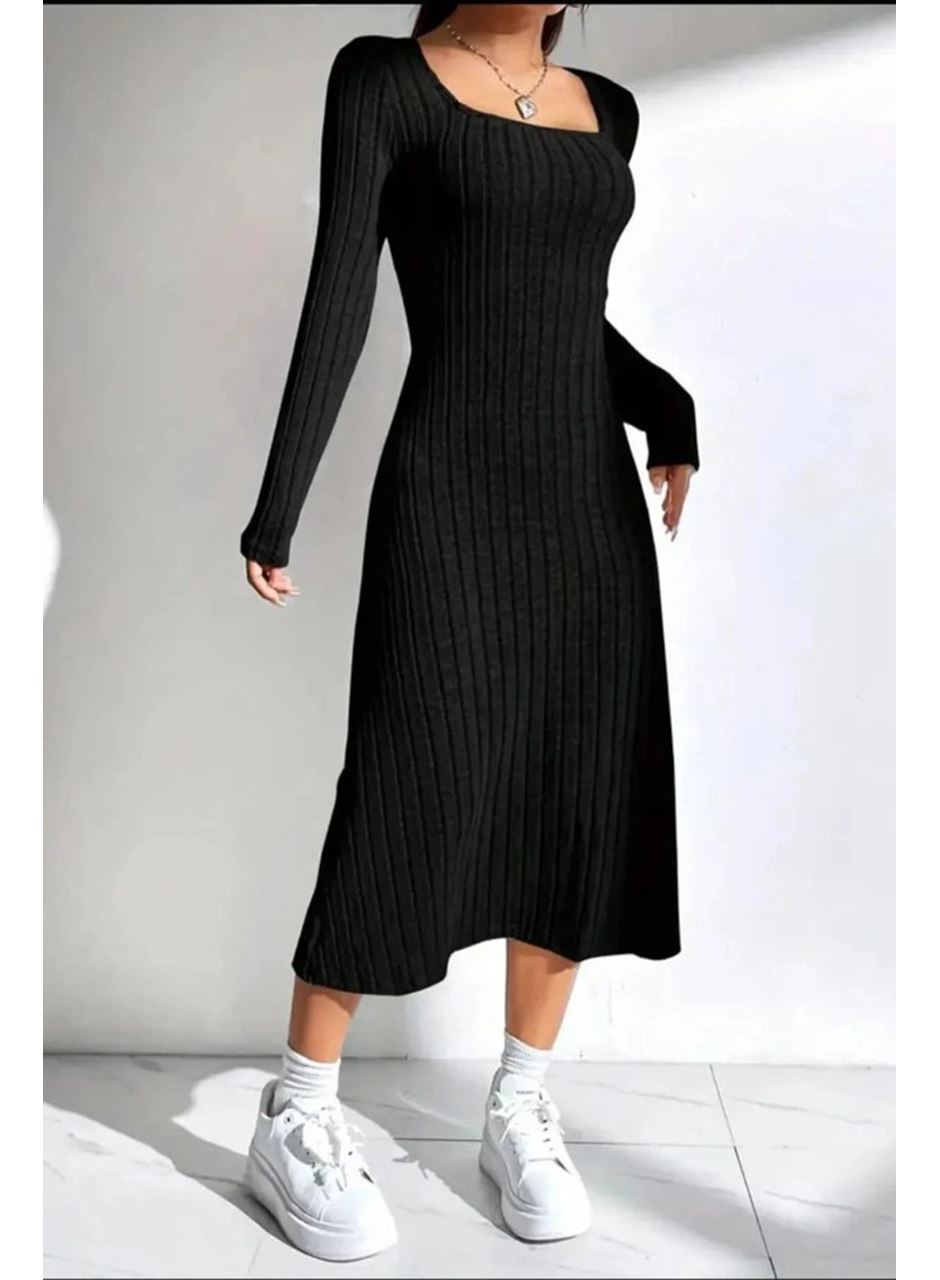 Kadın Kare Yaka Fitilli Kaşkorse Kumaş Midi Boy Elbise