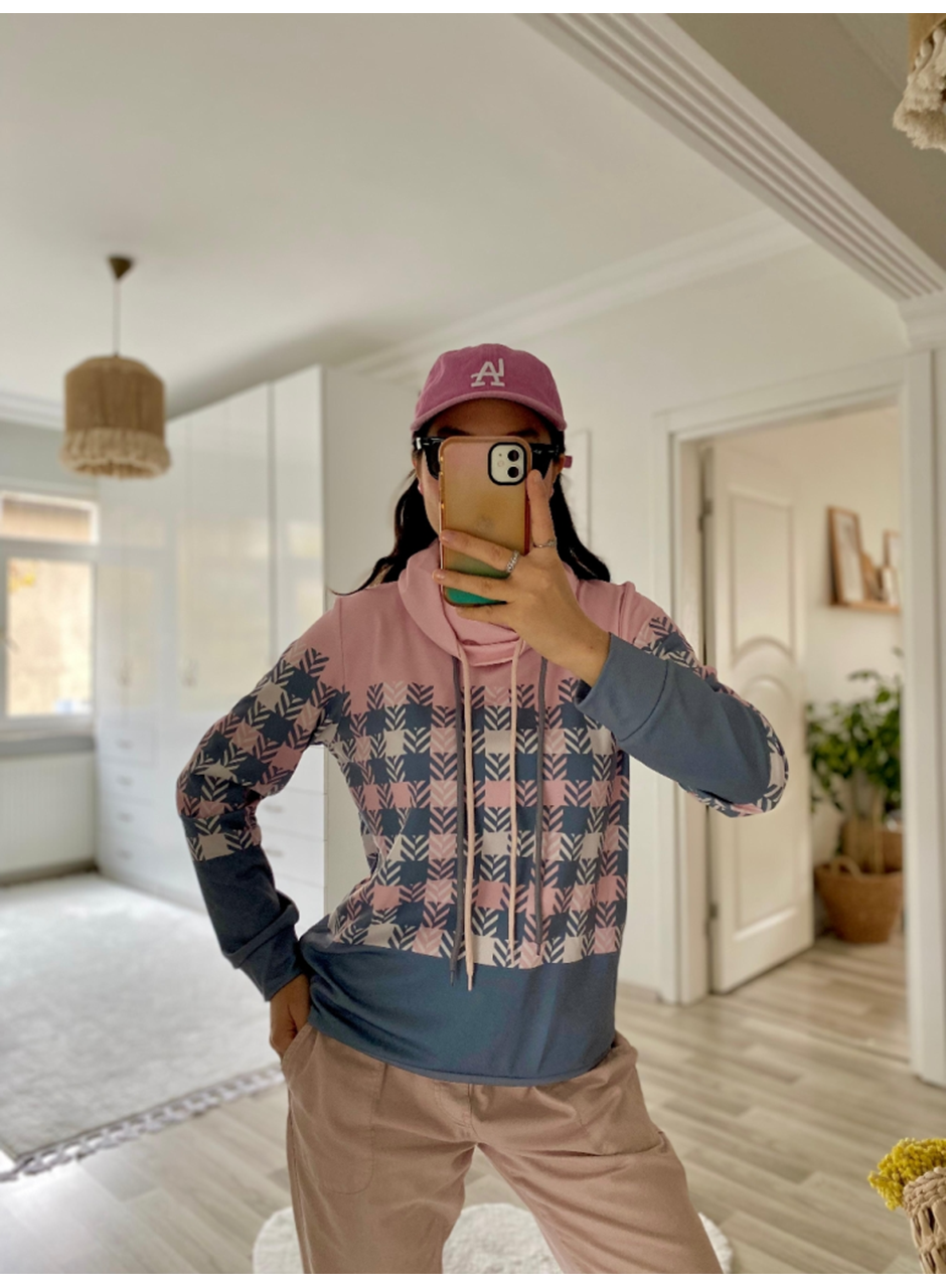 Kadın Uzun Kollu Balıkçı Yaka Bağcıklı Desenli şardonlu Dalgıç Bluz