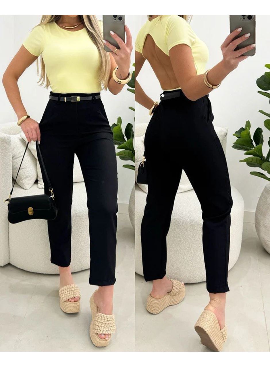 Kadın Yüksek Bel Kemersiz Ithal Krep Pantolon
