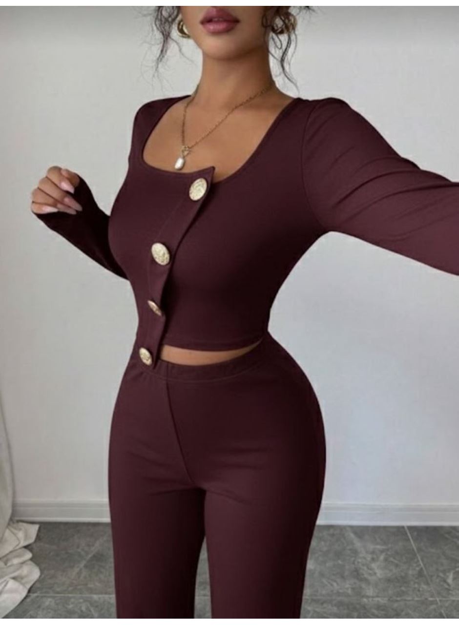 Kadın Uzun Kol Kare Yaka Asimetrik Düğme Detay Bluz Ve Yüksek Bel Pantolon Ikili Takım