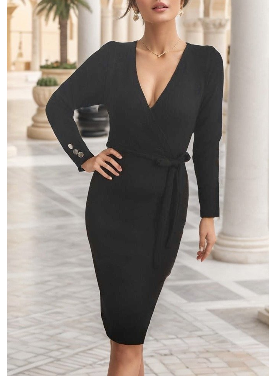 Kadın Uzun Kollu Kruvaze Yaka Bağcık Detay Akrilik Mini Boy Elbise
