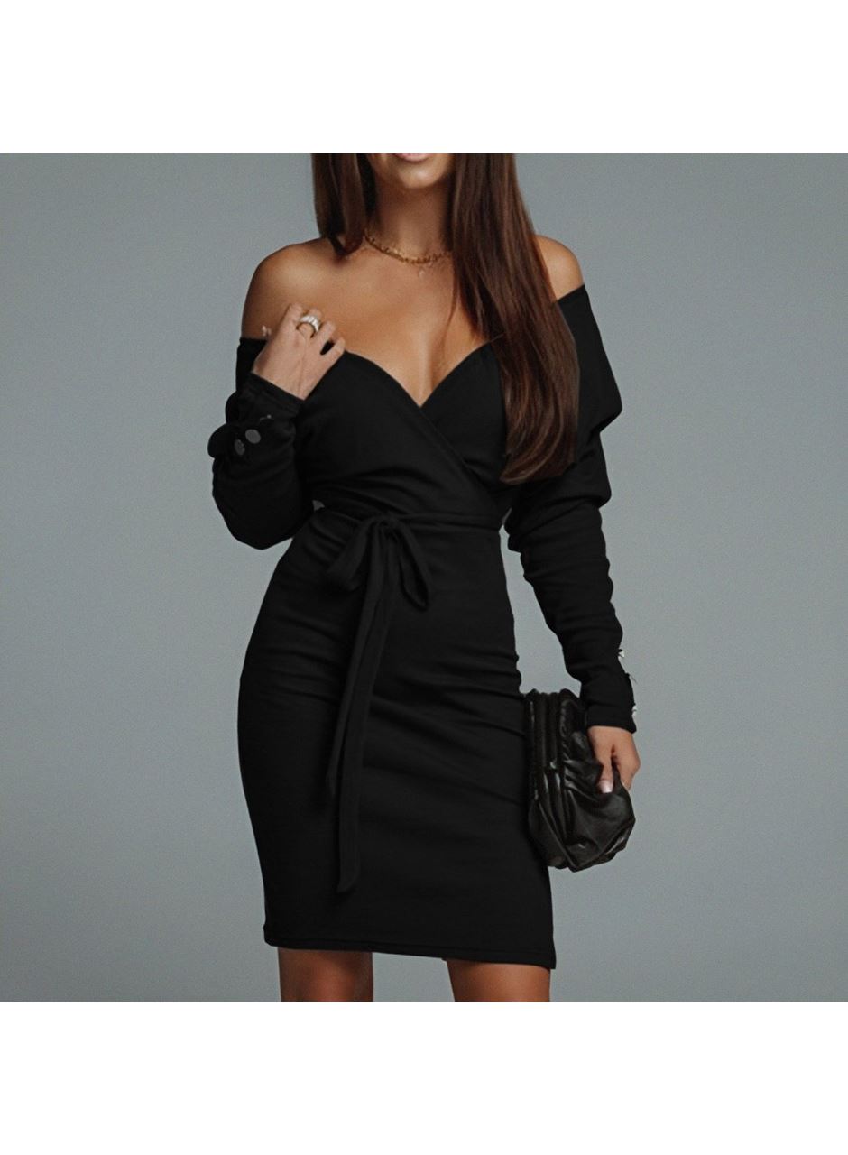 Kadın Uzun Kollu Kruvaze Yaka Bağcık Detay Akrilik Mini Boy Elbise