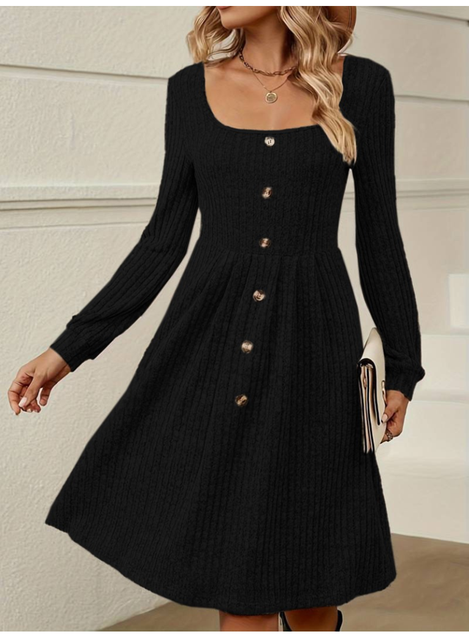 Kadın Uzun Kollu Kare Yaka Düğmeli Kısa şardonlu Iki Iplik Mini Elbise