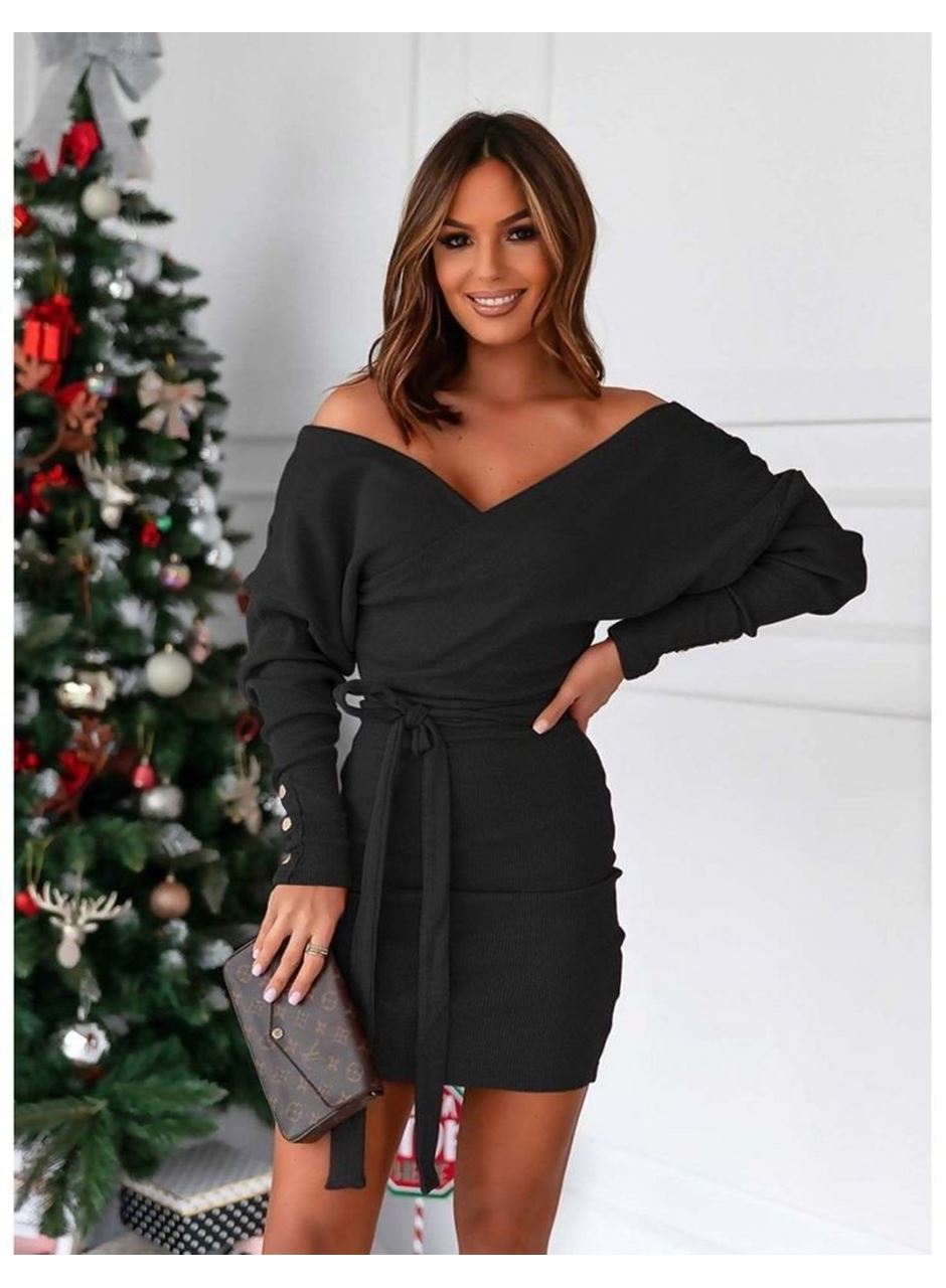 Kadın Uzun Kollu Kruvaze Yaka Bağcık Detay Akrilik Mini Boy Elbise