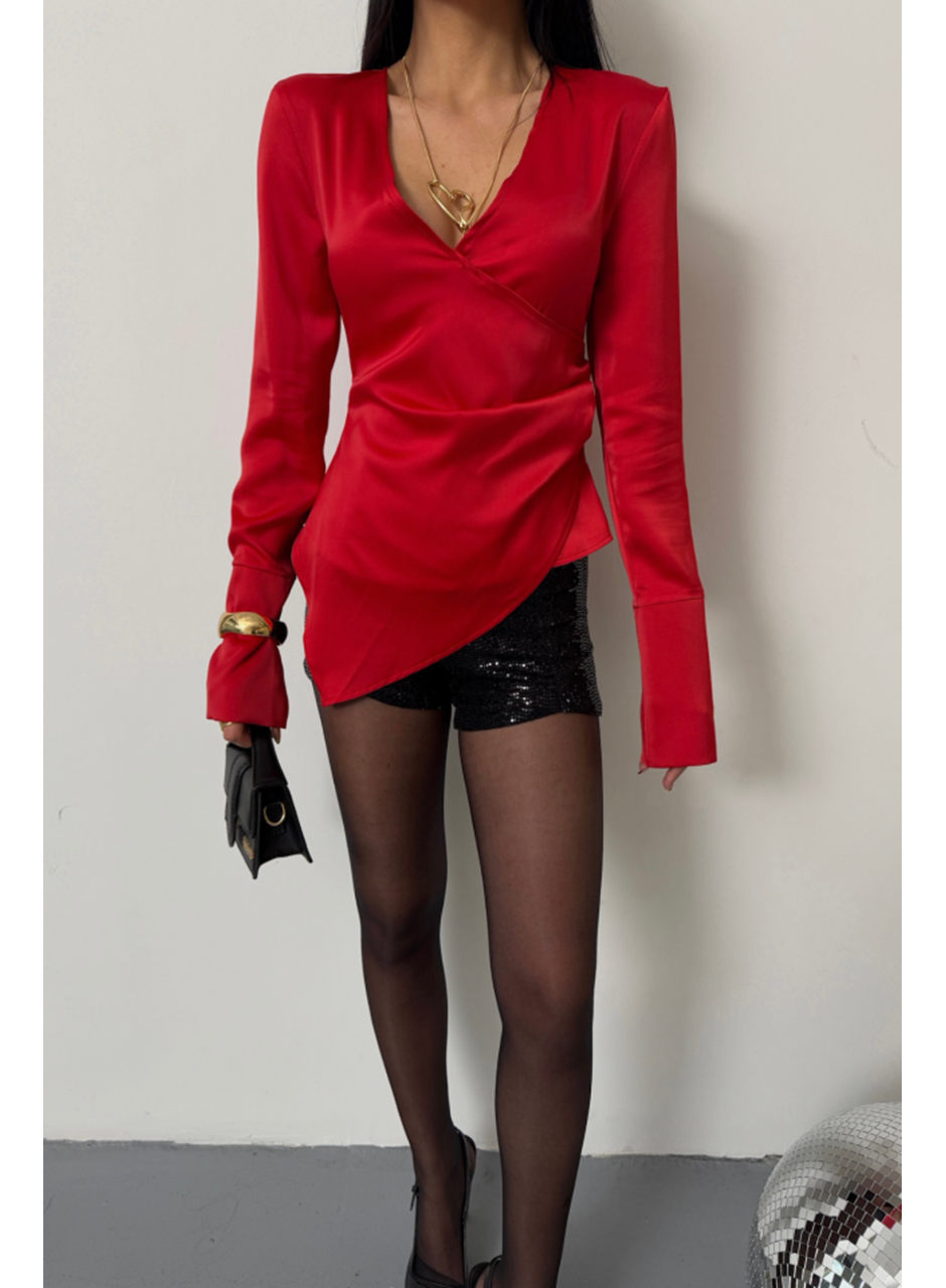 SATEN ANVELOP BLUZ MANŞET KOL - Kırmızı