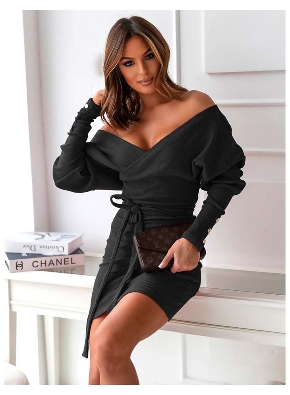 Kadın Uzun Kollu Kruvaze Yaka Bağcık Detay Akrilik Mini Boy Elbise