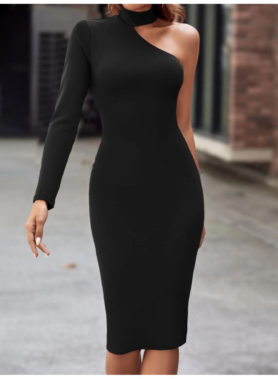 Kadın Tek Omuzdan Açık Uzun Kollu Balıkçı Yaka Midi Ithal Krep Elbise