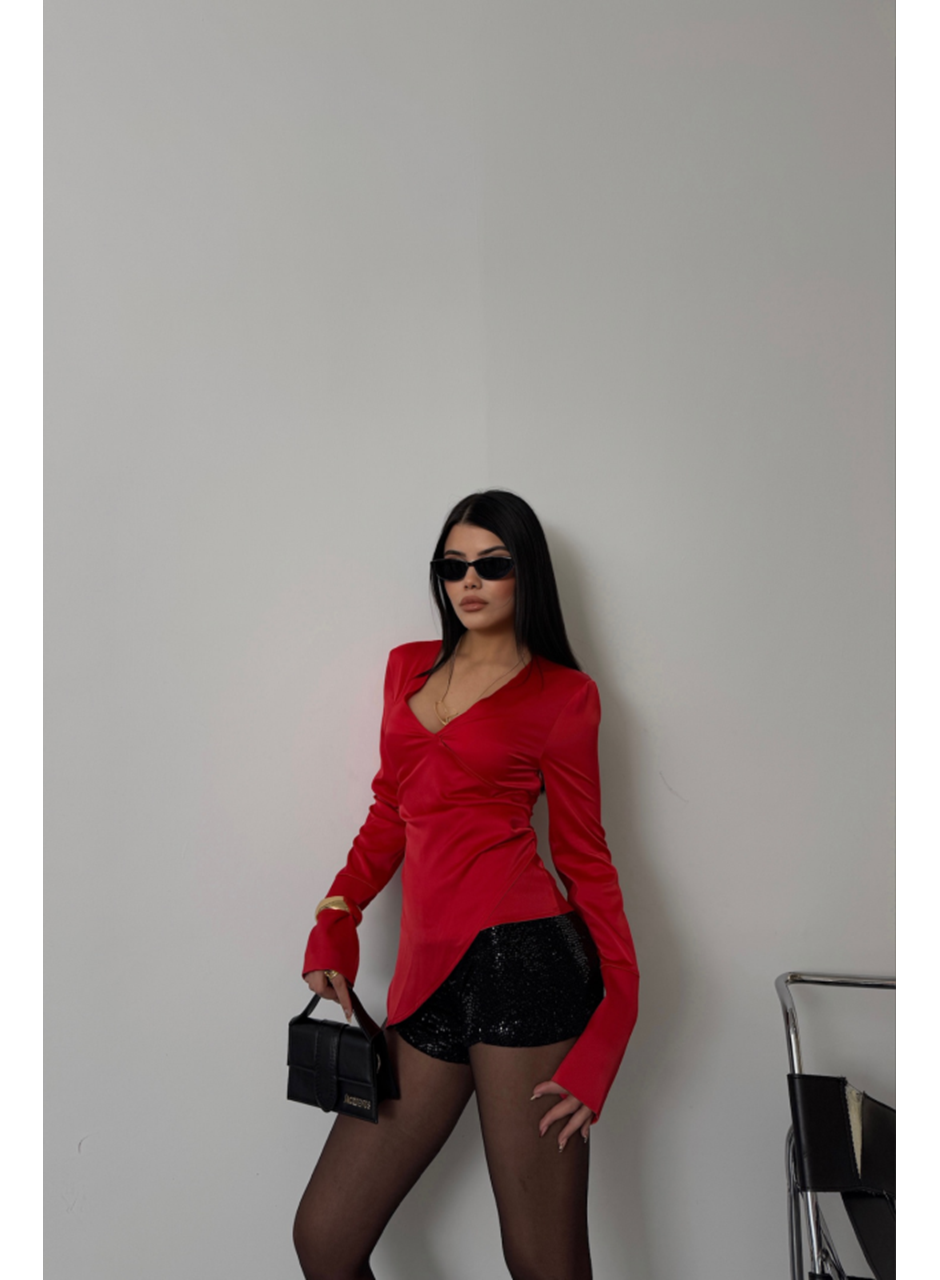 SATEN ANVELOP BLUZ MANŞET KOL - Kırmızı