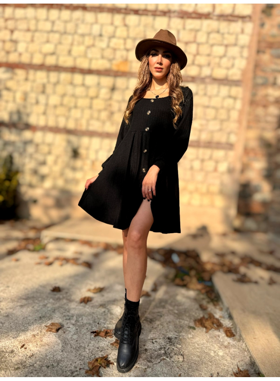 Kadın Uzun Kollu Kare Yaka Düğmeli Kısa şardonlu Iki Iplik Mini Elbise