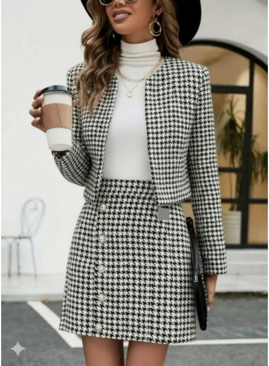 Kadın Uzun Kollu önü Açık Dokuma Ceket Ve Mini Etek Ikili Takım