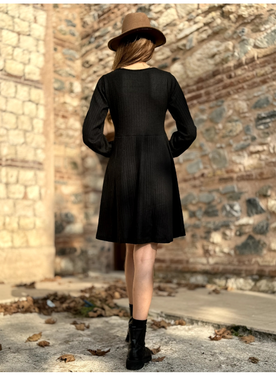 Kadın Uzun Kollu Kare Yaka Düğmeli Kısa şardonlu Iki Iplik Mini Elbise