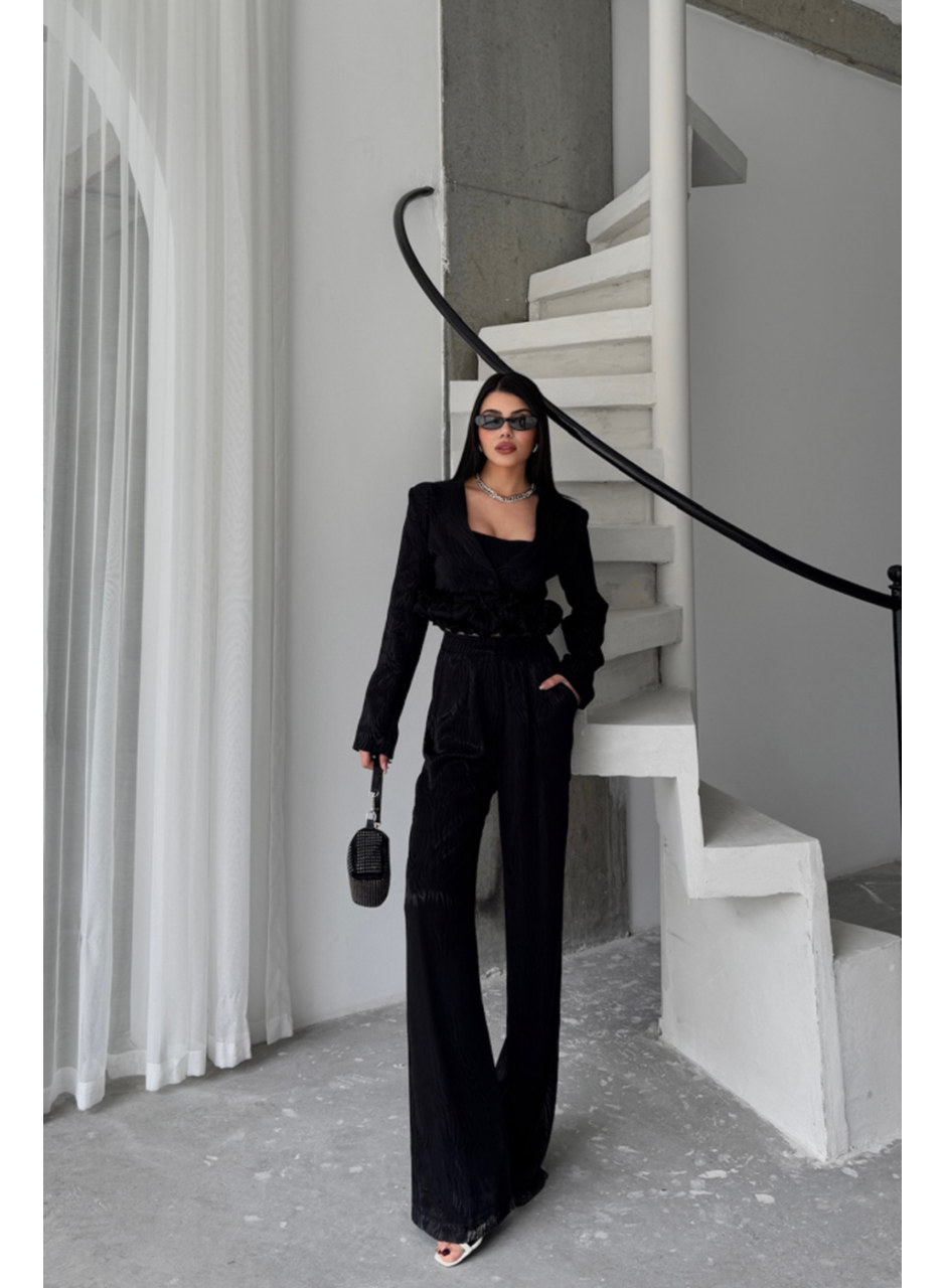 JAKARLI BLUZU TASARIM DETAYLI CEKET-PANTOLON-BLUZ 3 LÜ TAKIM - Siyah