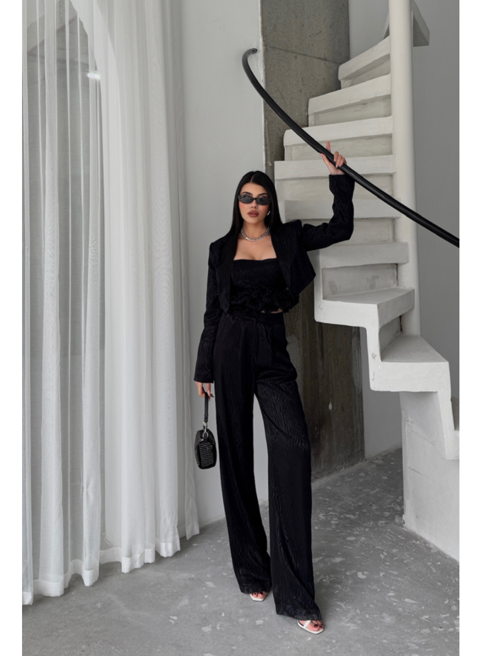 JAKARLI BLUZU TASARIM DETAYLI CEKET-PANTOLON-BLUZ 3 LÜ TAKIM - Siyah