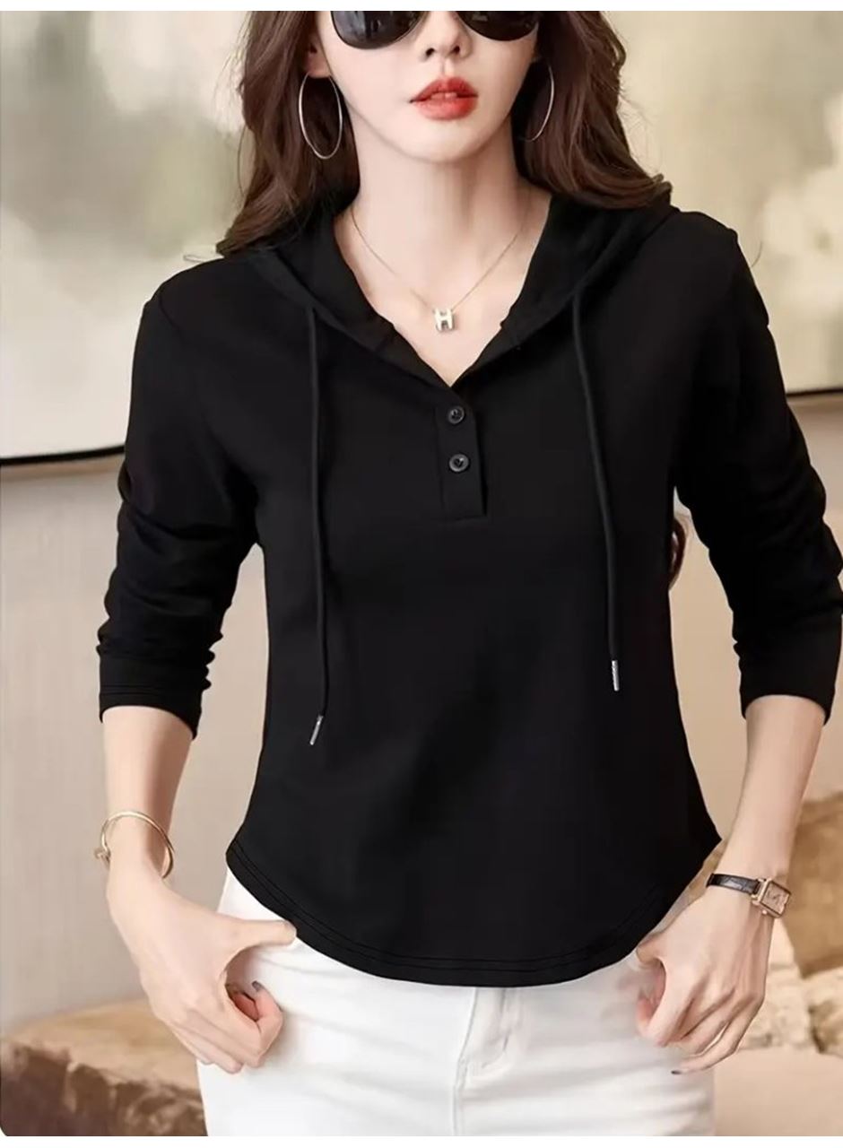 Kadın Uzun Kollu Kapşonlu Bağcıklı Düğmeli Viskon Iki Iplik Bluz