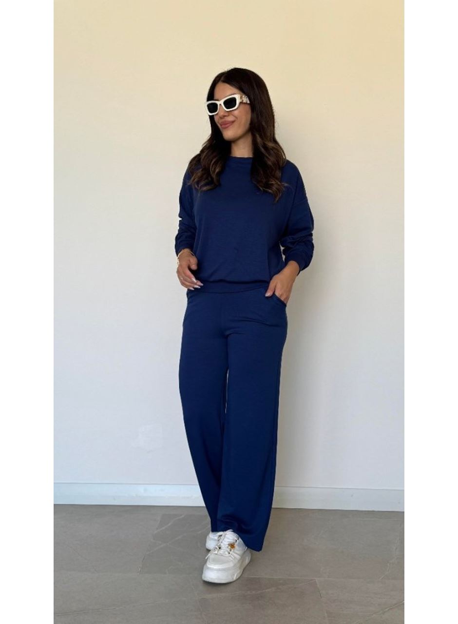Kadın Uzun Kollu Bisiklet Yaka Viskon Iki Iplik Bluz Ve Pantolon Ikili Takım