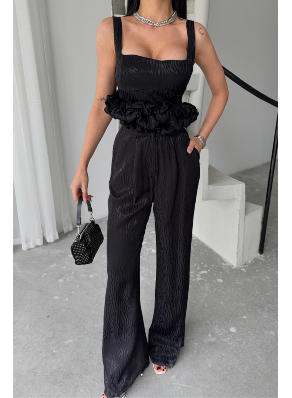 JAKARLI BLUZU TASARIM DETAYLI CEKET-PANTOLON-BLUZ 3 LÜ TAKIM - Siyah