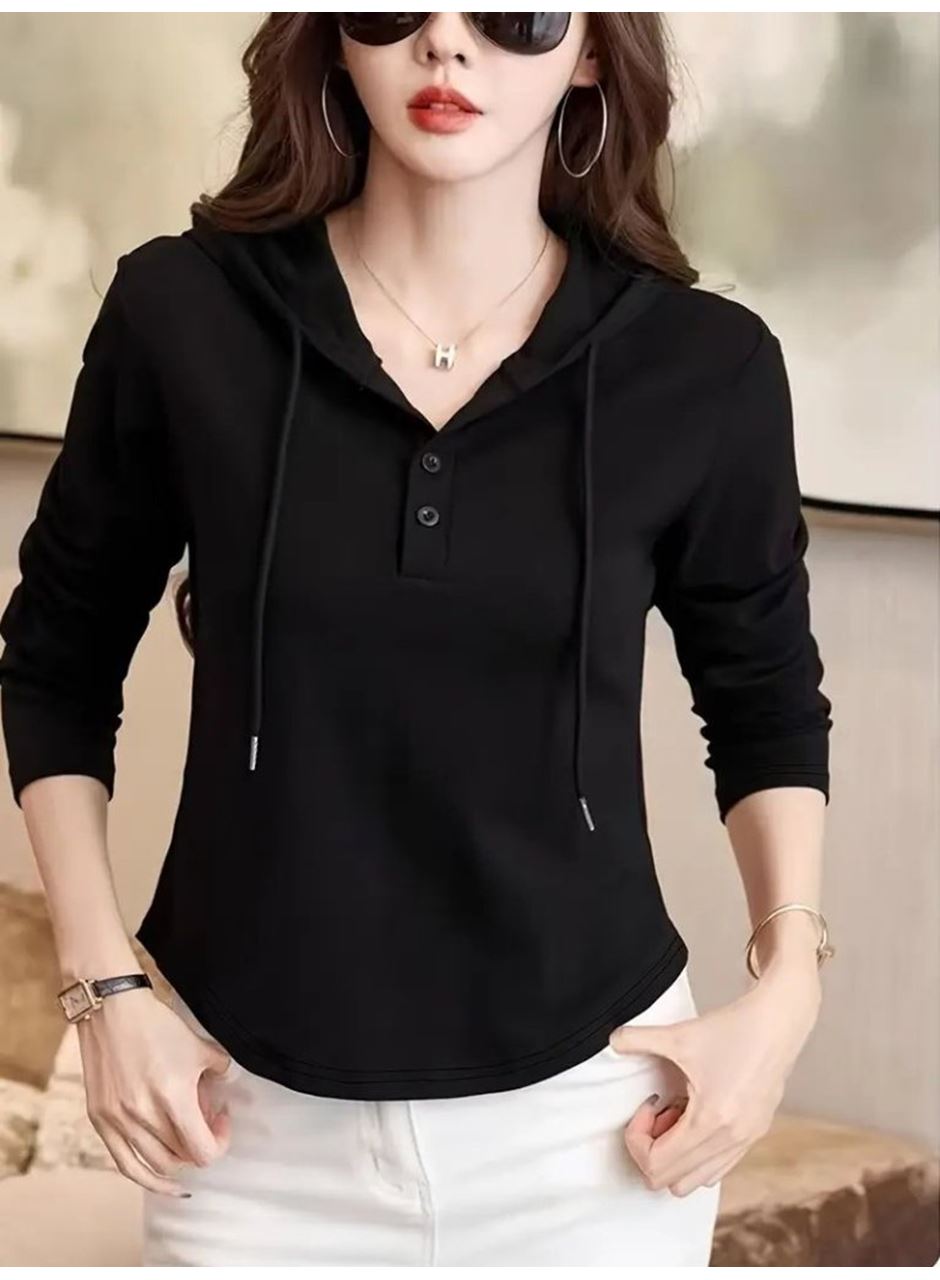 Kadın Uzun Kollu Kapşonlu Bağcıklı Düğmeli Viskon Iki Iplik Bluz