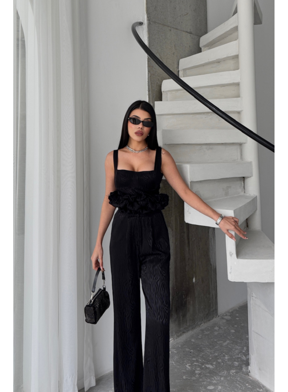 JAKARLI BLUZU TASARIM DETAYLI CEKET-PANTOLON-BLUZ 3 LÜ TAKIM - Siyah