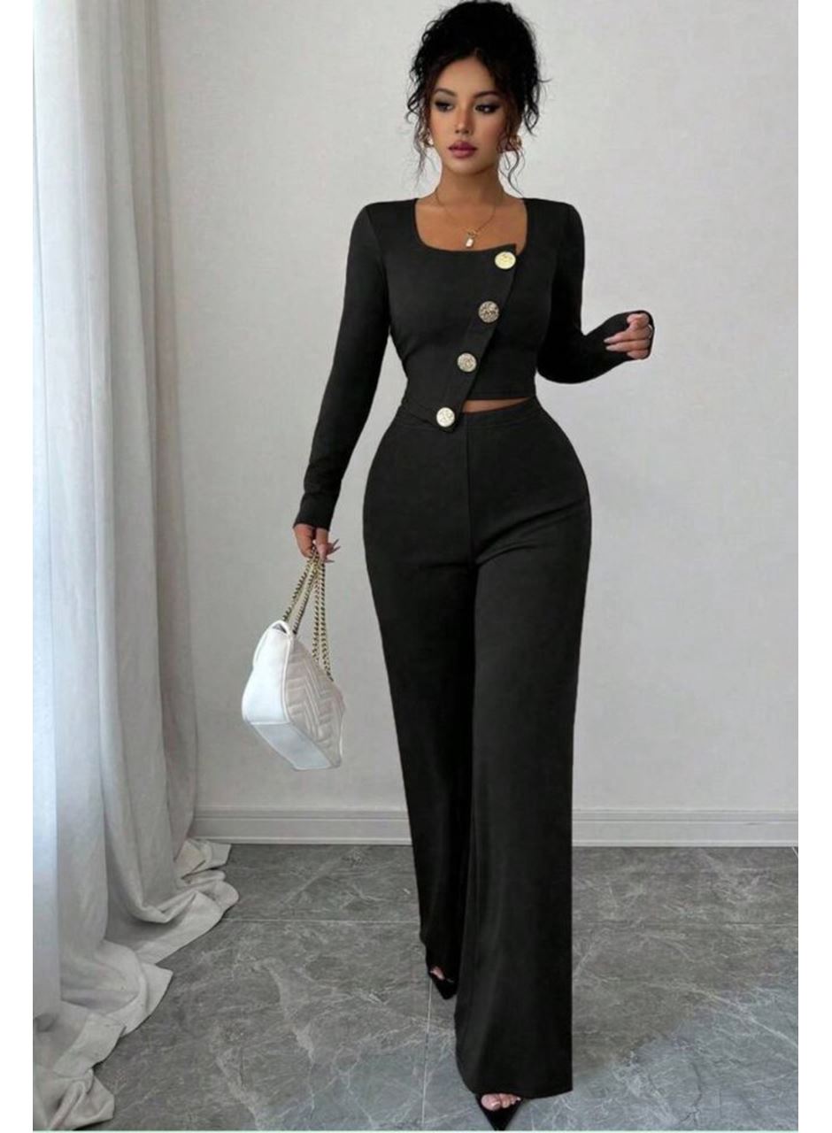 Kadın Uzun Kol Kare Yaka Asimetrik Düğme Detay Bluz Ve Yüksek Bel Pantolon Ikili Takım