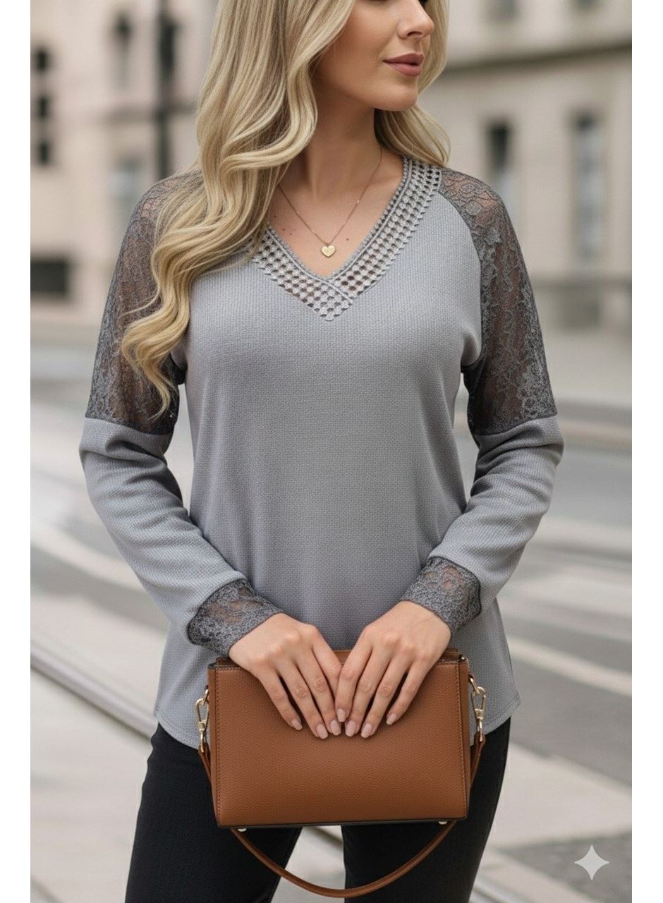 Kadın Uzun Kollu V Yakalı Dantelli Waffle Bluz