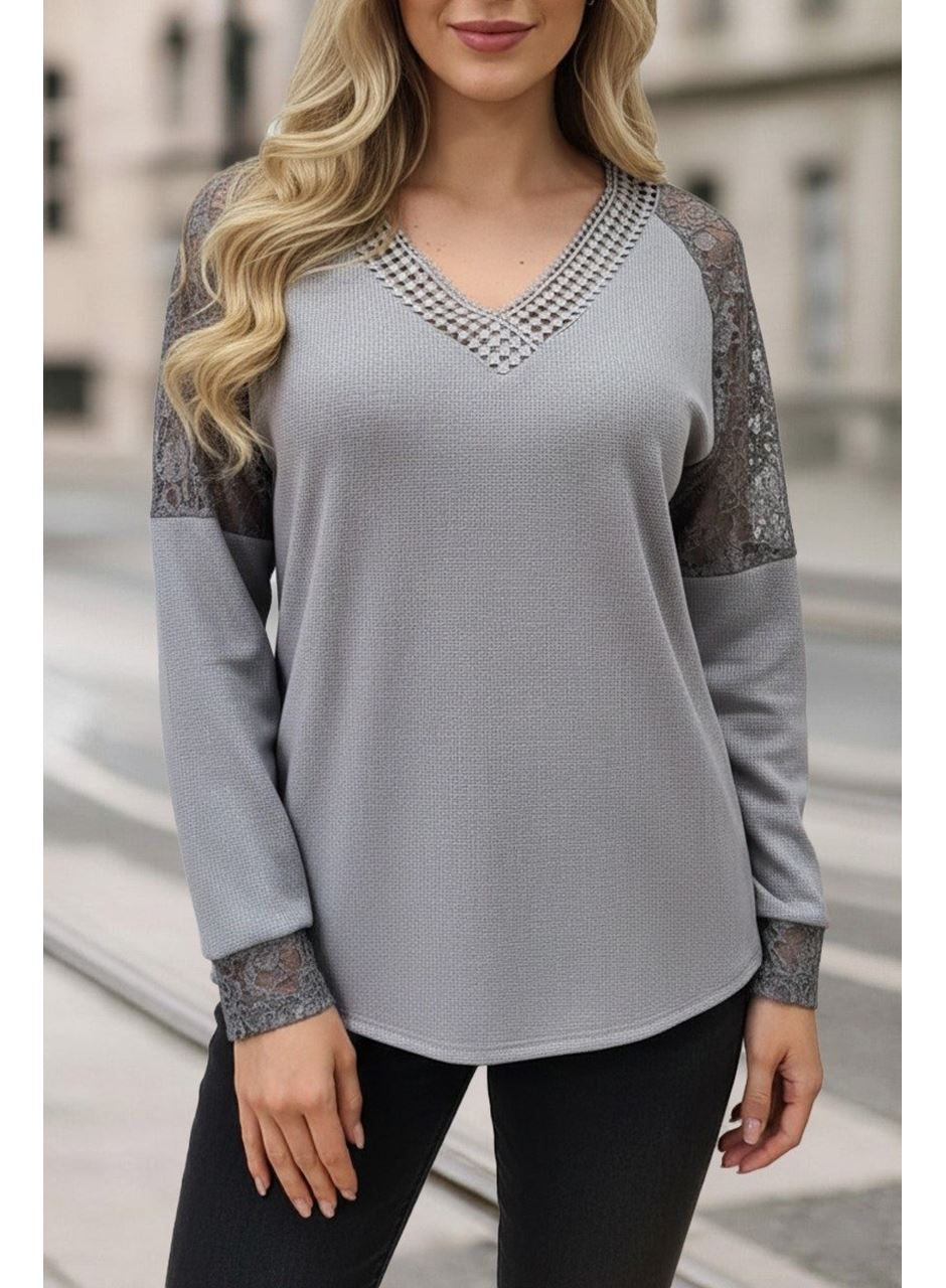 Kadın Uzun Kollu V Yakalı Dantelli Waffle Bluz