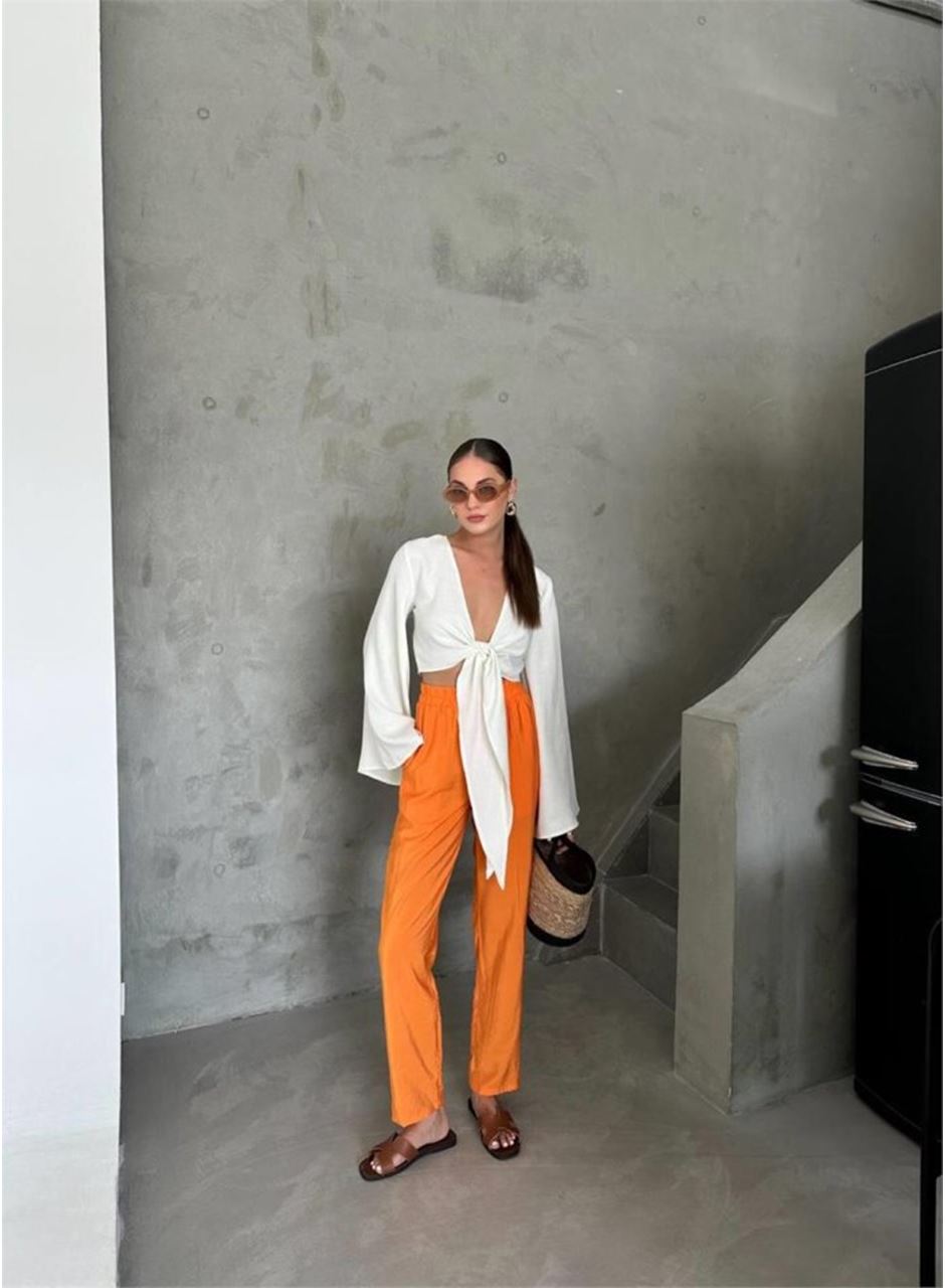 BEL LASTİK DETAYLI MODAL KUMAŞ PANTOLON - Orange